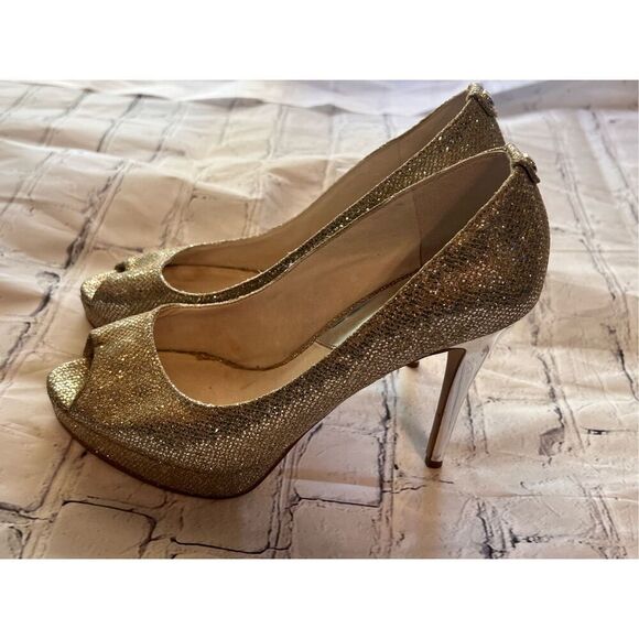 Michael Kors Size 8.5 Gold Sparkle Glitter Platform Peep Toe Pump Heels Bridal - Picture 9 of 16